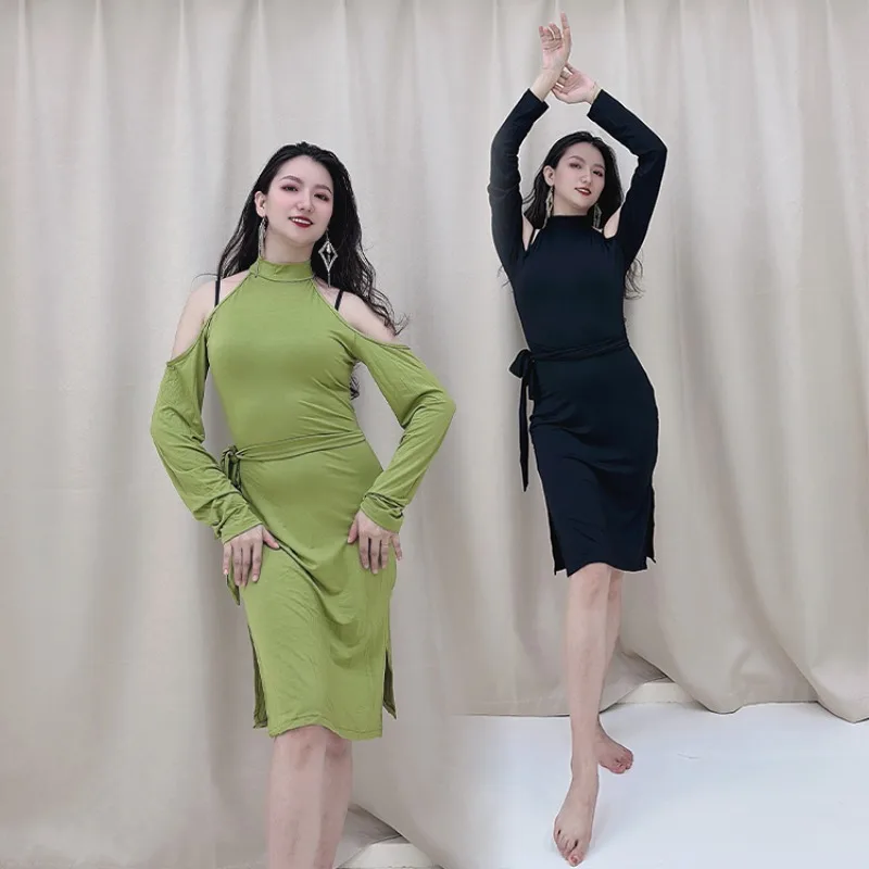 

Customized SWEGAL Belly Dance Costumes Oriental Dance Practice Outfit Off Shoulder Long Sleeve Modal Dress Middle Skirt