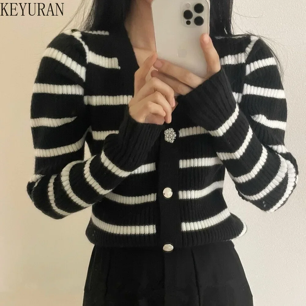 Red Women Cardigans Sweater 2024 Spring Autumn French Korean Fashion V-neck Slim Puff Sleeve Striped Knitted Sweaters Ladies Top