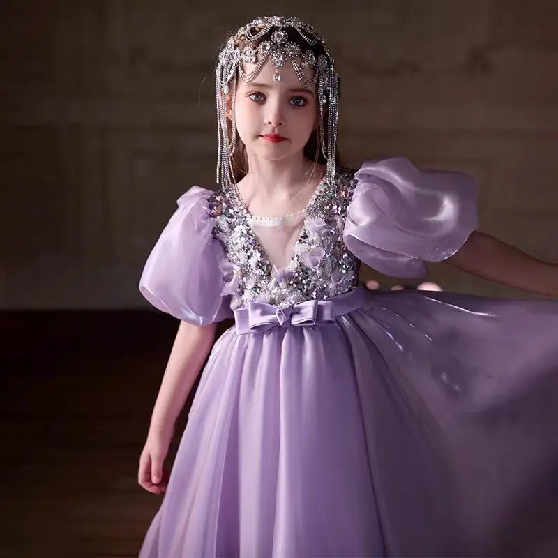 Jill Wish J028 Elegant Lilac Flower Girl Dresses Luxury Beading Puff Sleeve Kids Wedding Birthday Party Pageant Evening Gown