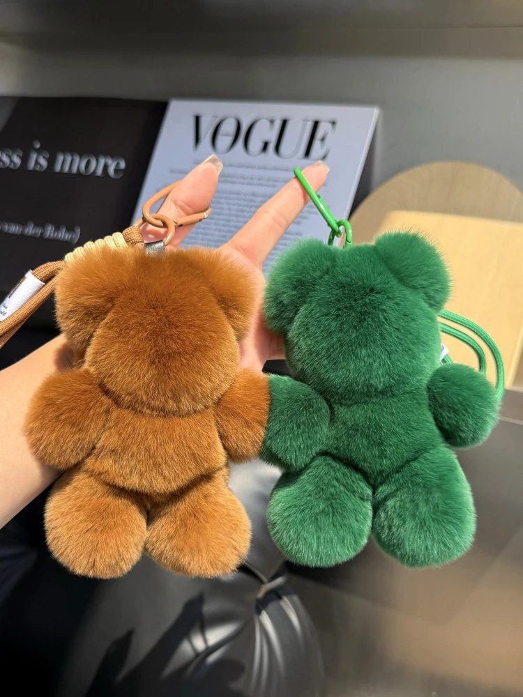 Adorable Bear Plush Keychain Carabiner Real  Rabbit Fur Soft Toy School Bag Decoration Gift Toy Bear Plush Keychain