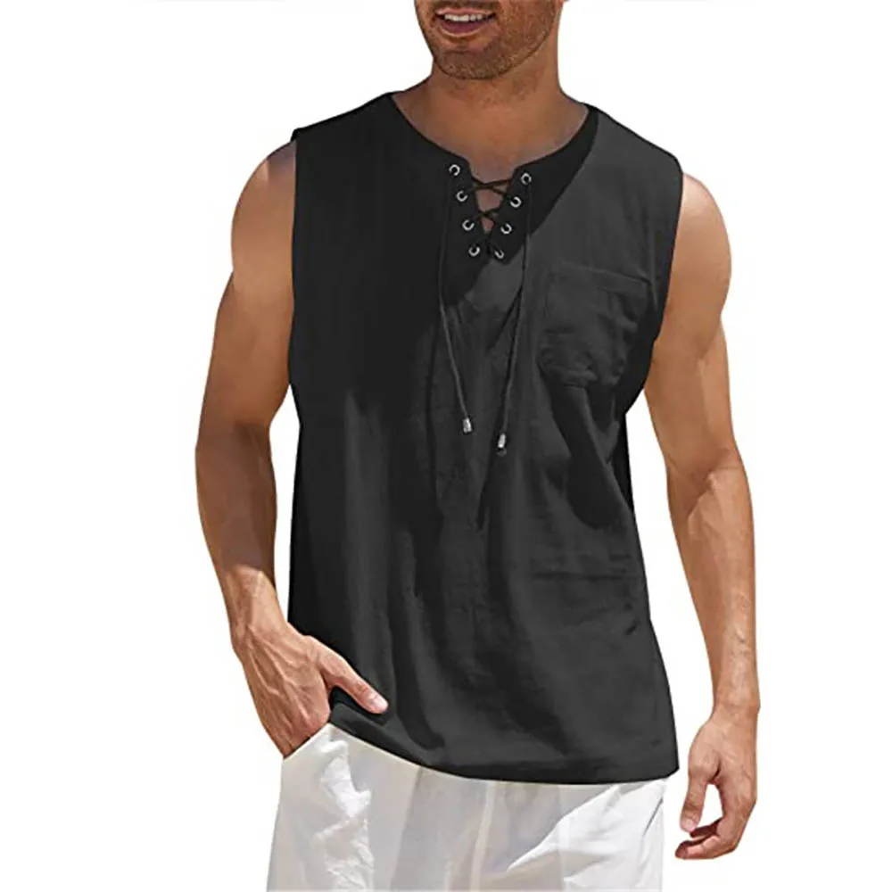 Men Summer Linen Tank Top Sleeveless T-Shirt Lace-up Design Solid Color Shirt Loose Fit Vest Daily Cotton Linen Vest Clothing