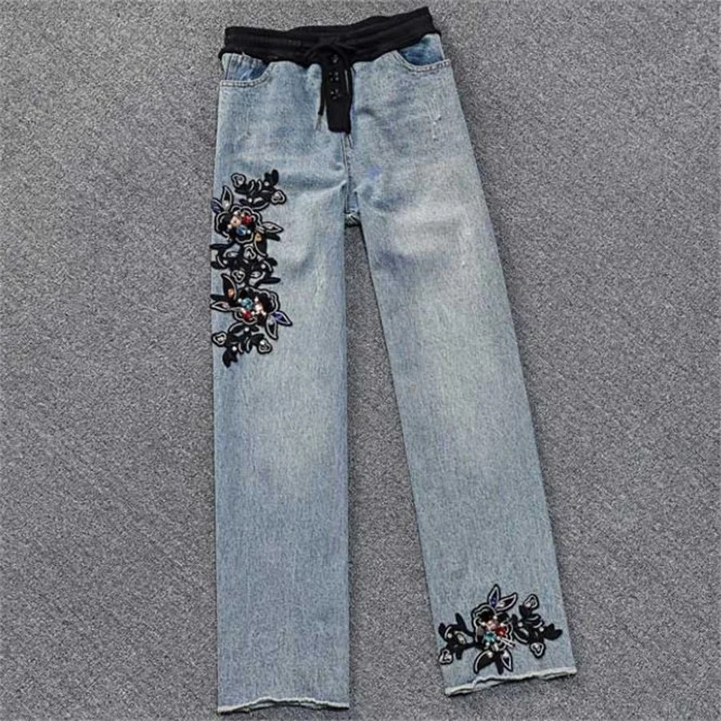 

2023 summer new trendy elastic waist loose wide leg pants fashion beaded high waist jeans long pants women
