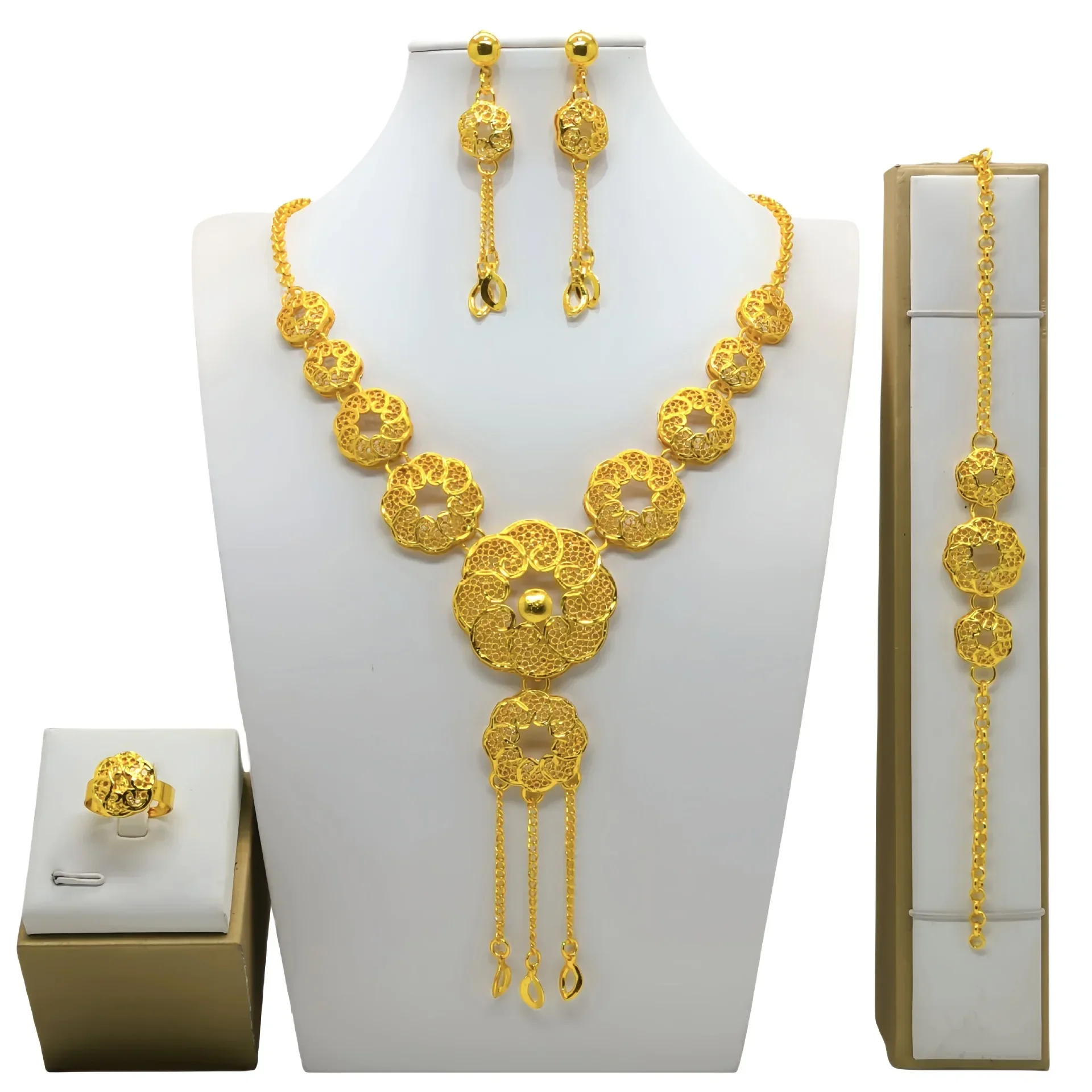 Conjunto de joyería de lujo para mujer, pulsera africana, pendientes, collar, anillo, diseño de flores de Dubai, Color dorado de 24 quilates, 4 piezas