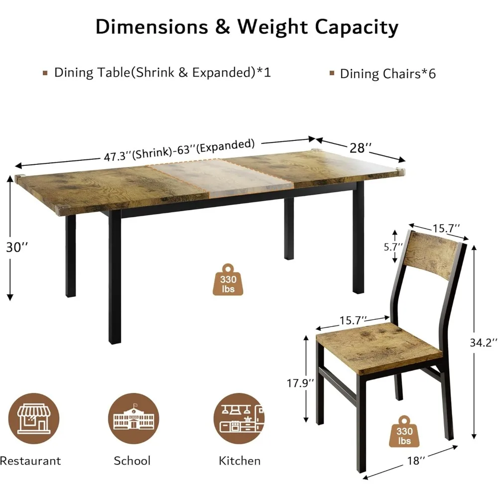 7 Piece Dining Table & Chair Set for 4-6 People, 63 Inch Retractable Kitchen Table with 6 Chairs, Rustic Brown