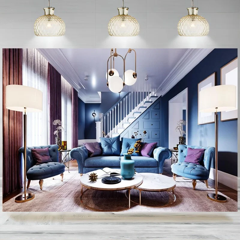 Living Room Backdrop Interior Modern Furniture Sofa Chandelier Blue Photographic Background Conference Online Meeting Banner