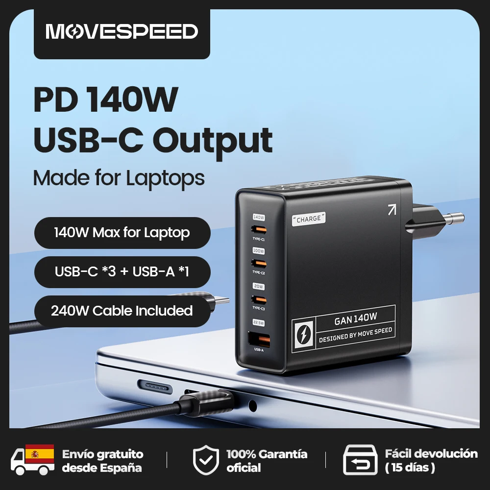 MOVESPEED 140W USB-C Charger PD3.1 120W 100W Type C Fast Charge Phone Charger for MacBook Pro Air Lenovo Surface Laptop Charger