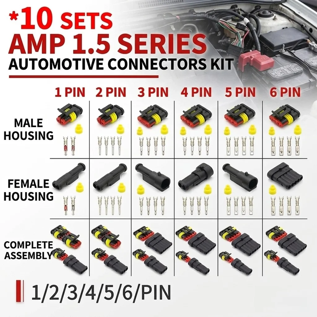 Image of 10 Sets AMP 1.5 Superseal Wasserdichte Elektrische Kabelverbinder 1/2/3/4/5/6 Pin Stecker Buchse für Auto Motorrad Marine LKW