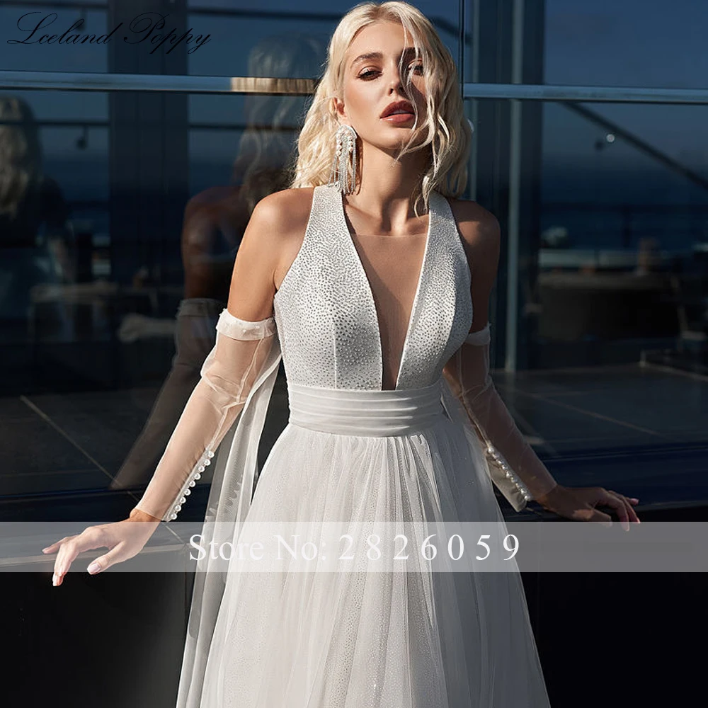 Lsland Mohn EINE Linie Sexy V-ausschnitt Shiny Tüll Hochzeit Kleider 2023 Backless Plissee Brautkleider mit Abnehmbaren Ärmeln