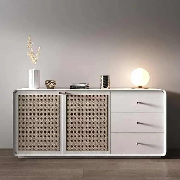 ATUNUS white and brown Light Luxury Style Nordic Modern Accent Buffet Cabinets 3 Doors Reclaimed Rattan Sideboard