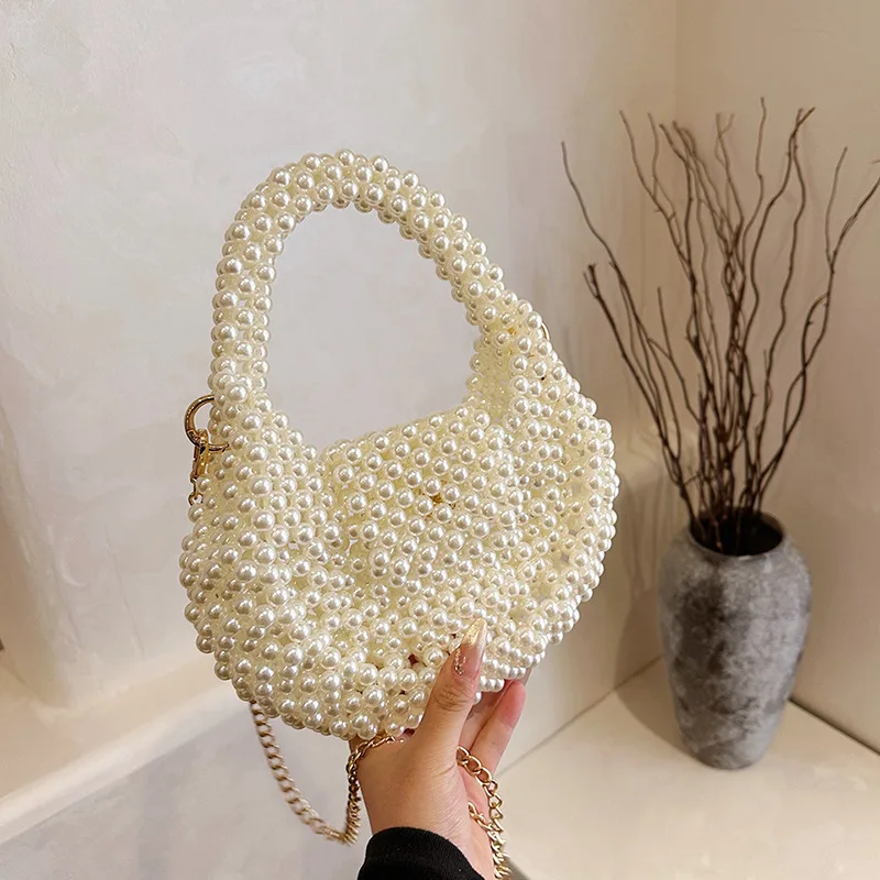 

Роскошная плетеная сумка с жемчугом и бисером, модные клатчи, кошелек ручной работы с бусинами, женская сумка через плечо с цепочкой