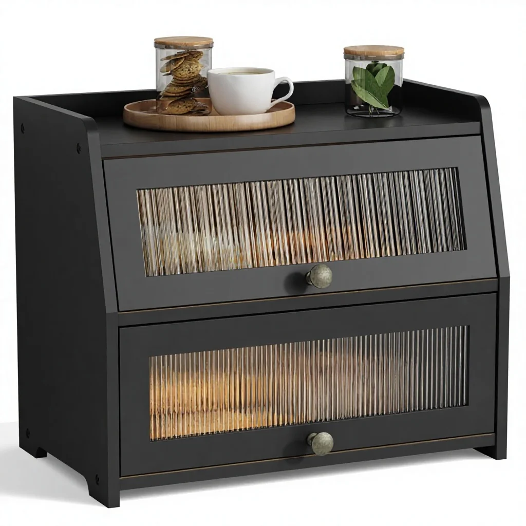 

Large double-layer bamboo farmhouse bread box, natural material, suitable for kitchen countertops, pantry cabinets (black)