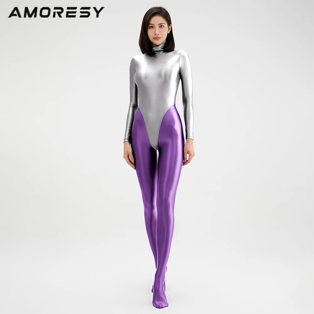 AMORESY Women Sexy Oil Glossy One Piece Swimsuit Tights Long Sleeve Smooth High Neck Thong Back Zipper Surfing Swimsuit Bodysuit