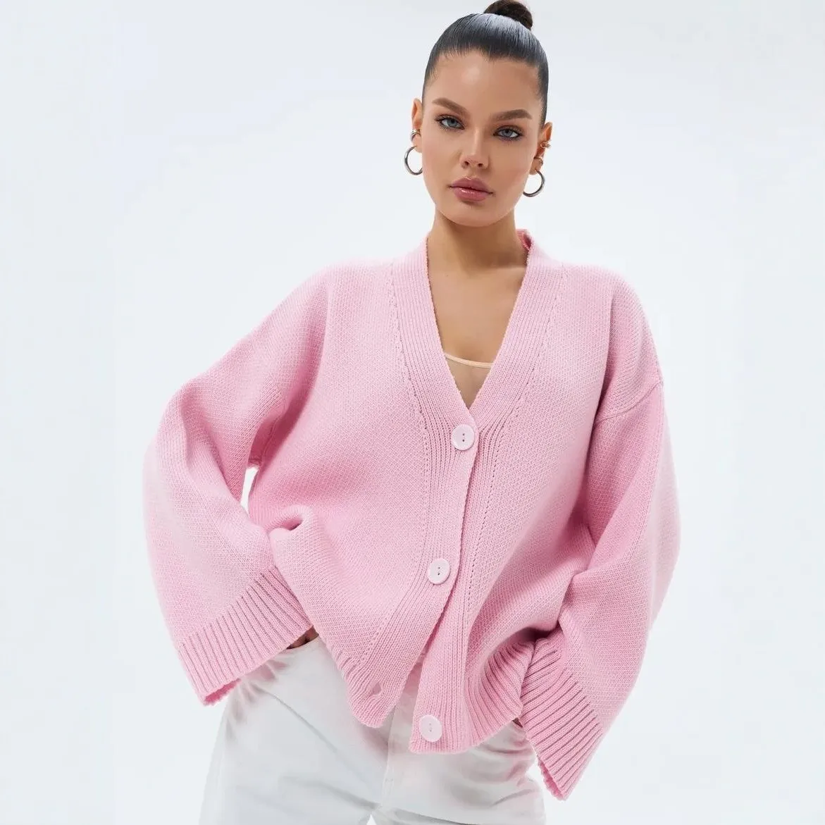 V Neck Loose Fit Coat Urban with Open Front Long Sleeve High Temperature Setting Regular Length Casual Cardigan for Women