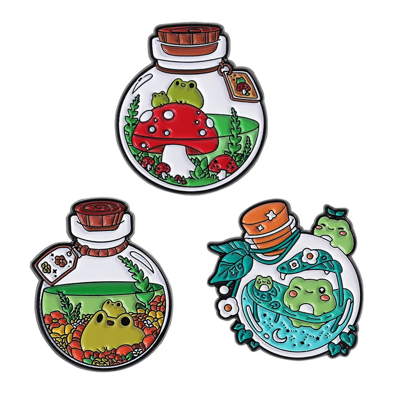 Cartoon Magic Bottle Frog Enamel Pins Cute Swimming Frog Mushroom Animal Metal Brooches Clothes Lapel Badge Funny Jewelry Gifts