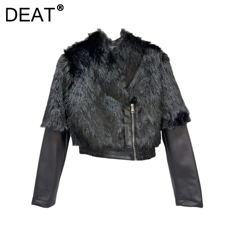 DEAT Women's Pu Leather Jackets Black Patchwork Faux Fur Cotton-padded Straight Zipper Short Coat 2024 Winter New 11A01918