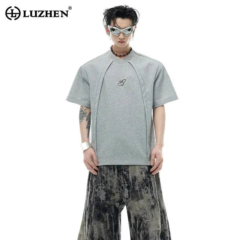 

LUZHEN Short Logo 2025 Design Summer Decorate New Patchwork Sleeve Tops Men's Trendy Streetwear Shoulder Pad T-shirt Male JY2716