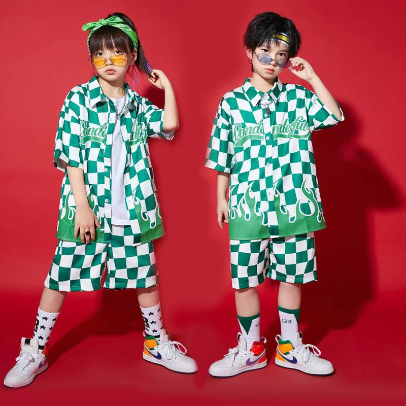 Kid Kpop Hip Hop Clothing Green Checkered Shirt Short Sleeve Top Summer Casual Shorts for Girl Boy Jazz Dance Costume Clothes