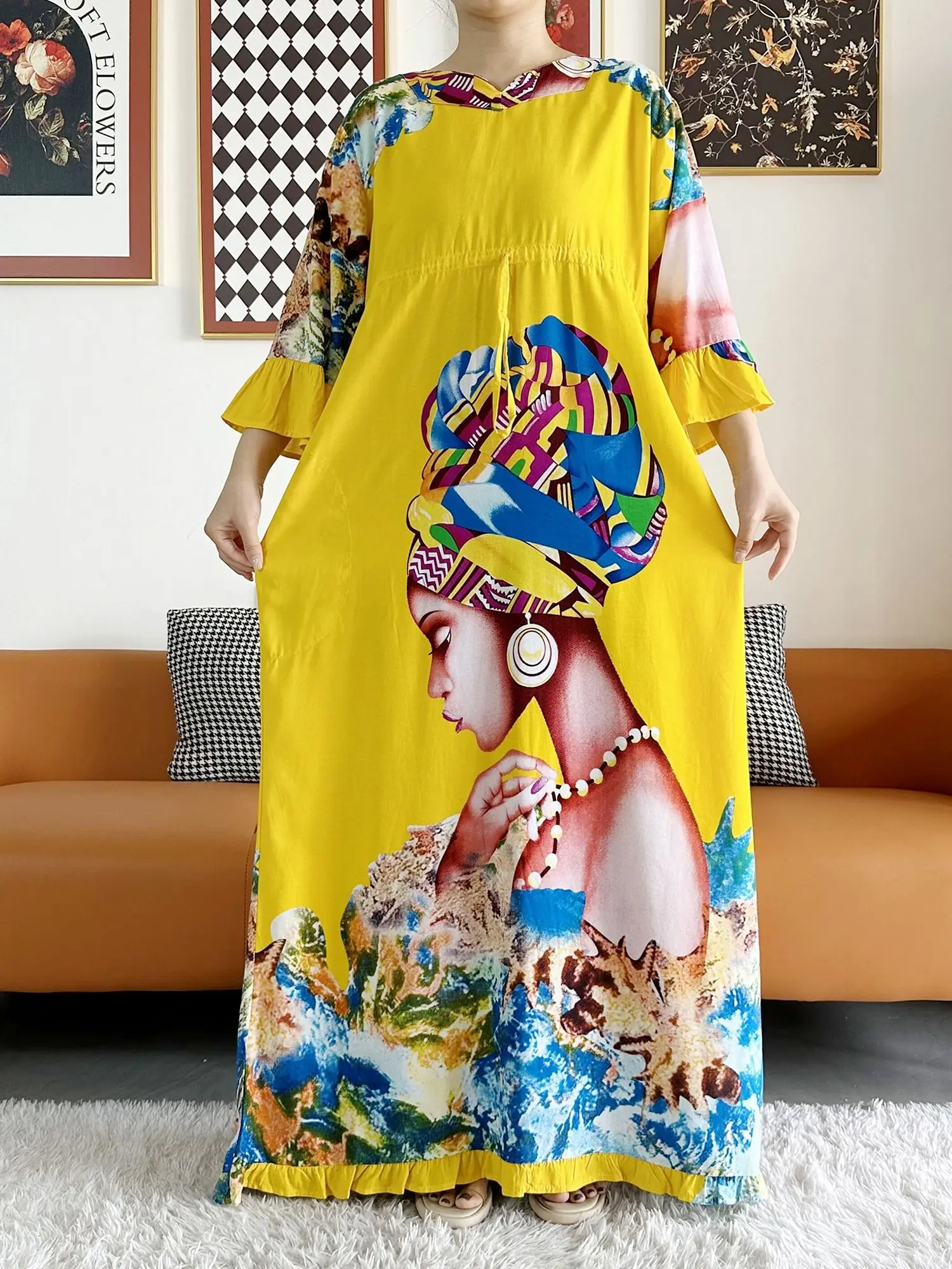 New African Women Long Sleeve Ethnic Print Dashiki Cotton Floral Dress Printing Loose Caftan Dress with Scarf Casual Vestido