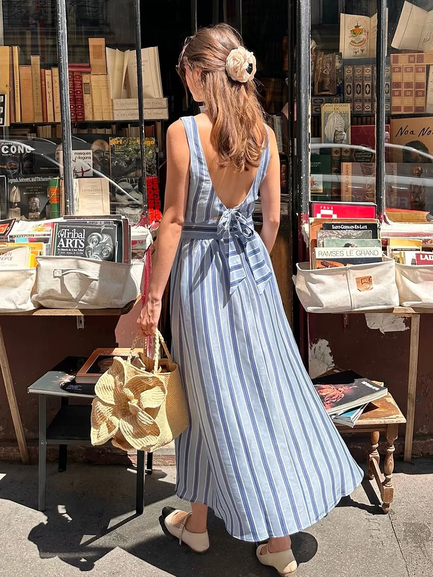 Marthaqiqi Striped Loose Ladies Nightgown Suit O-Neck Pajamas Tank Top Nightie Crop Top Sleepwear Long Skirts Casual Nightie Set