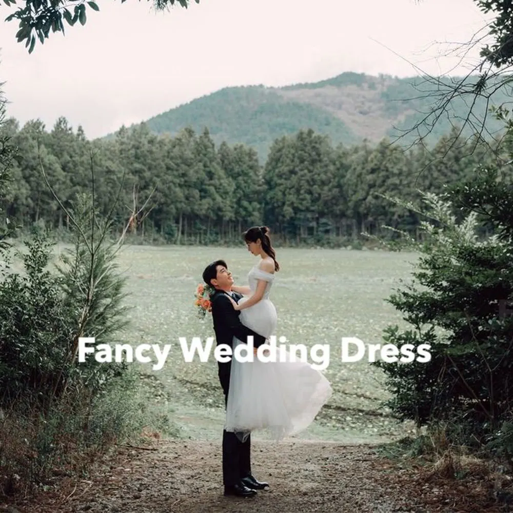 

Fancy Graceful Off Shoulder Wedding Dress Korea Photo Shoot A Line Soft Tulle Bridal Gown Floor Length Back Corset Customized