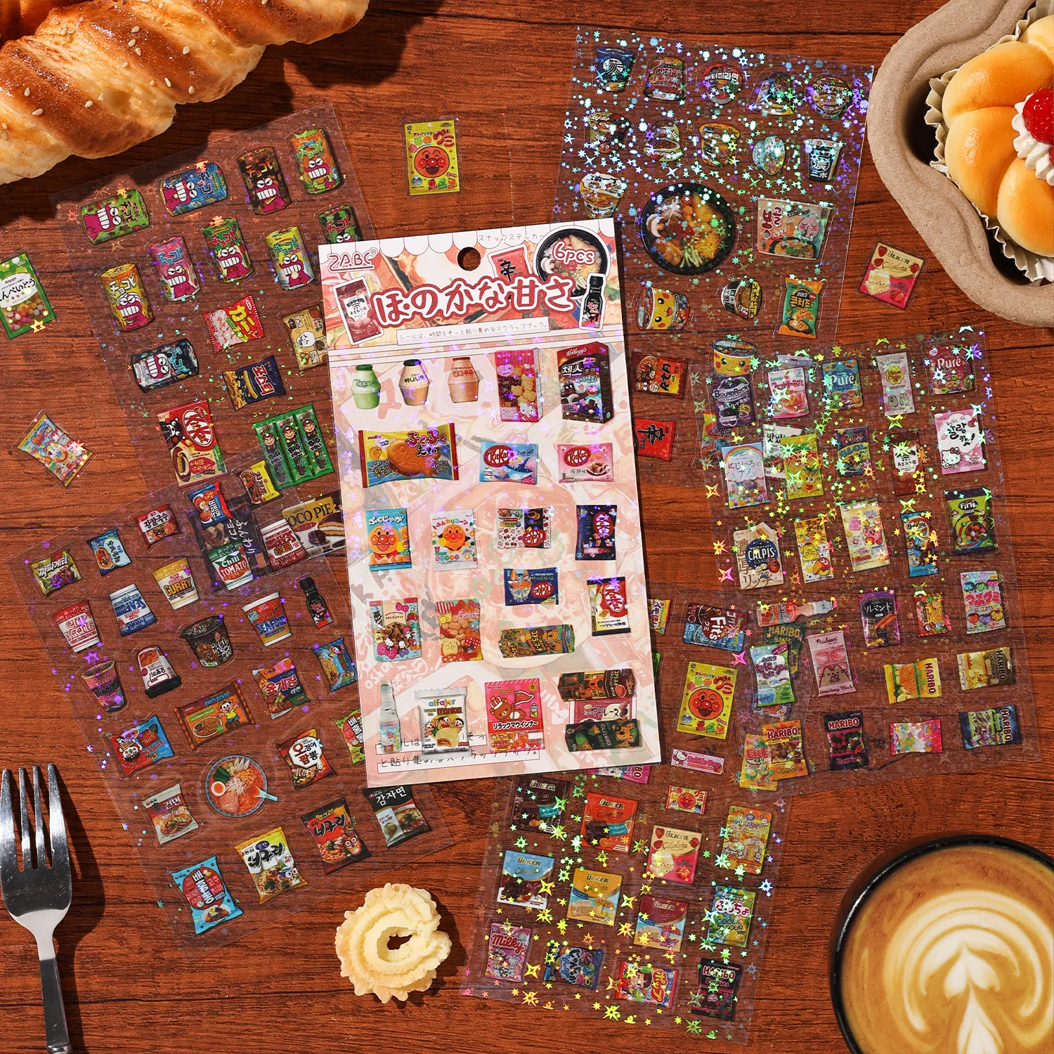 Kawaii Asian Snack Themed Glitter Stickers Retro Mini Sweet Drink Dessert Decals Aesthetic Diary Planner Handmade Decor Set