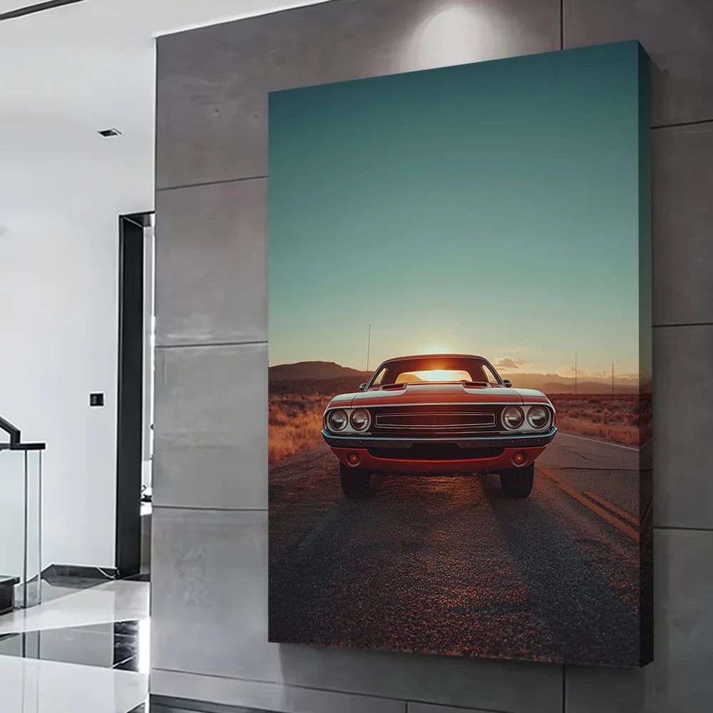 Red Classic Car At Sunset Poster Customizable Printed Canvas Painting Wall Art Gift for Living Room Decorations Gamer Decoration