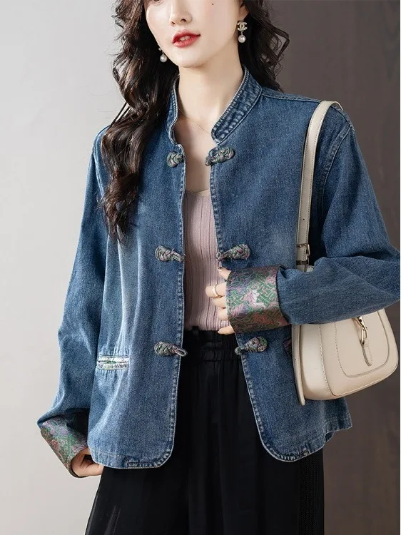 Nouveau chinois Sle rétro Denim Jaet femmes automne Faionable polyvalent irt haut haut de gamme sensation longue fermeture à bouton Sve