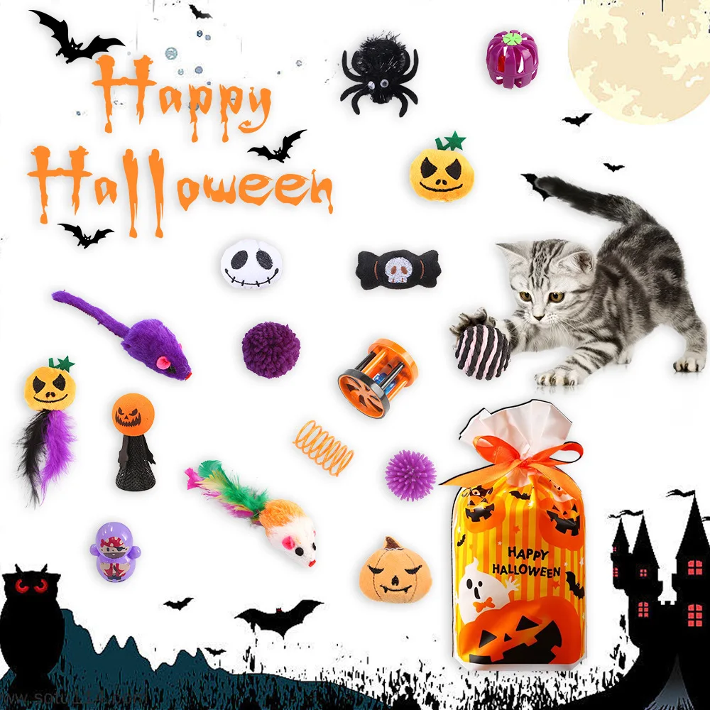 

Funny Halloween Toys Set for Cats To Relieve Boredom Chew Cat Toys Interactive Bats Spiders Pumpkin Shaped Toy Pet Products