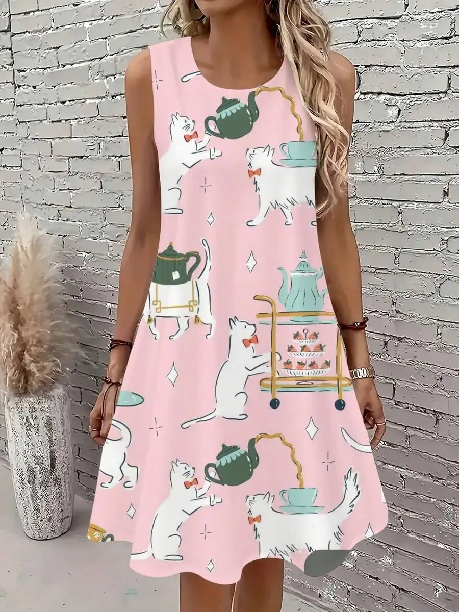 

Lightweight Sleeveless Round Neck A-Line Dress With Playful White Cats And Vintage Tea Set Print, Pink Casual Summer Outfit