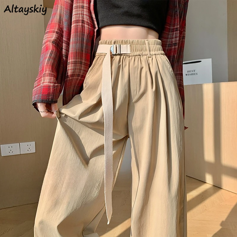 

Straight Pants Women Belt Design Solid High Waist American Style Loose Leisure Summer Tender Commuting Student Stylish All-match