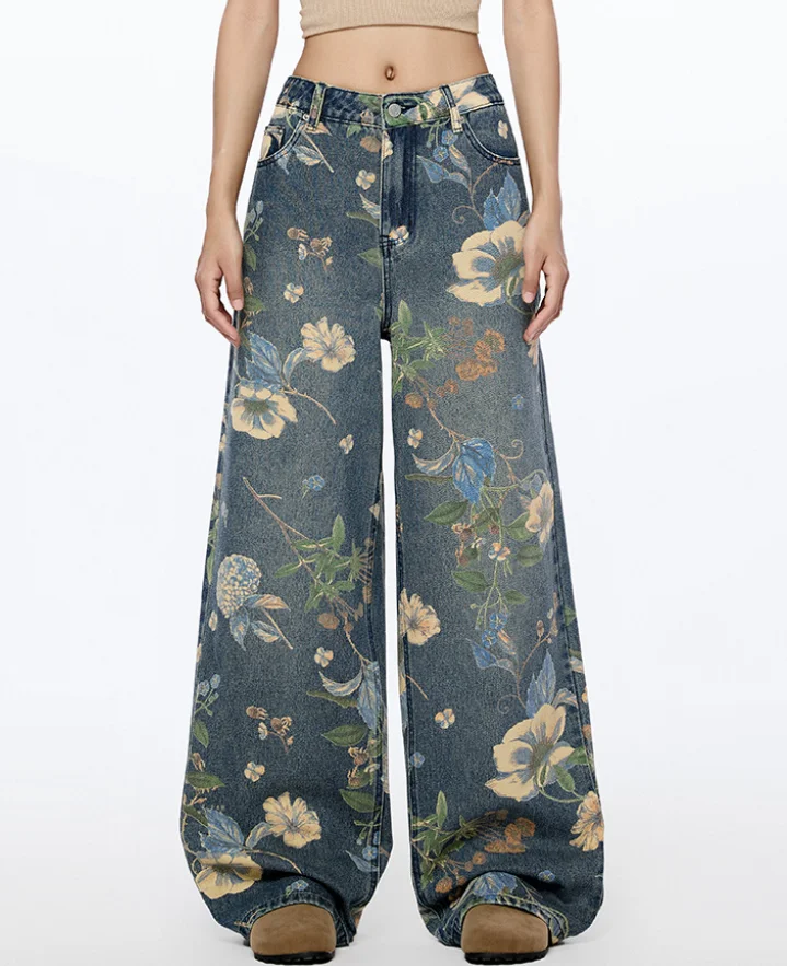 

Vintage Floral Print Wide-leg Jeans Women's High-waisted Straight-leg Trailer Pants Trendy 2025 w19