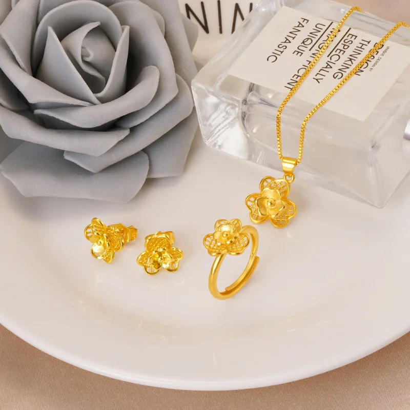 Wholesale SS74 European Woman Girl Bride Mother Party Birthday Wedding Gift Flower 24KT Gold Necklace+Earrings+Ring Jewelry Set