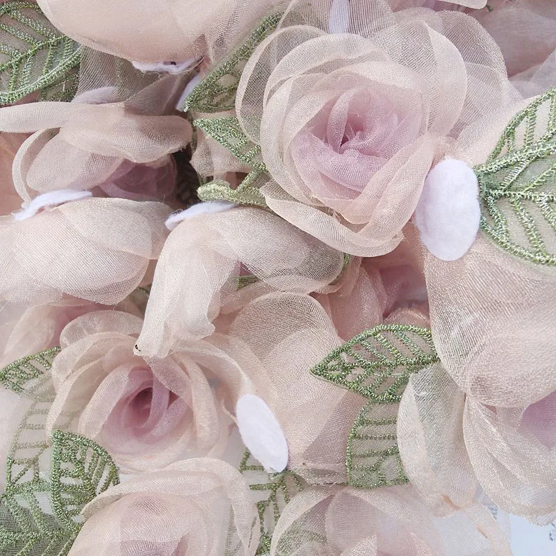 5Pcs/Lot Mesh Rose Yarn Silk Flower Patches With Leaves Handmade 3D Flower Hair Clip DIY Clothing Accessories