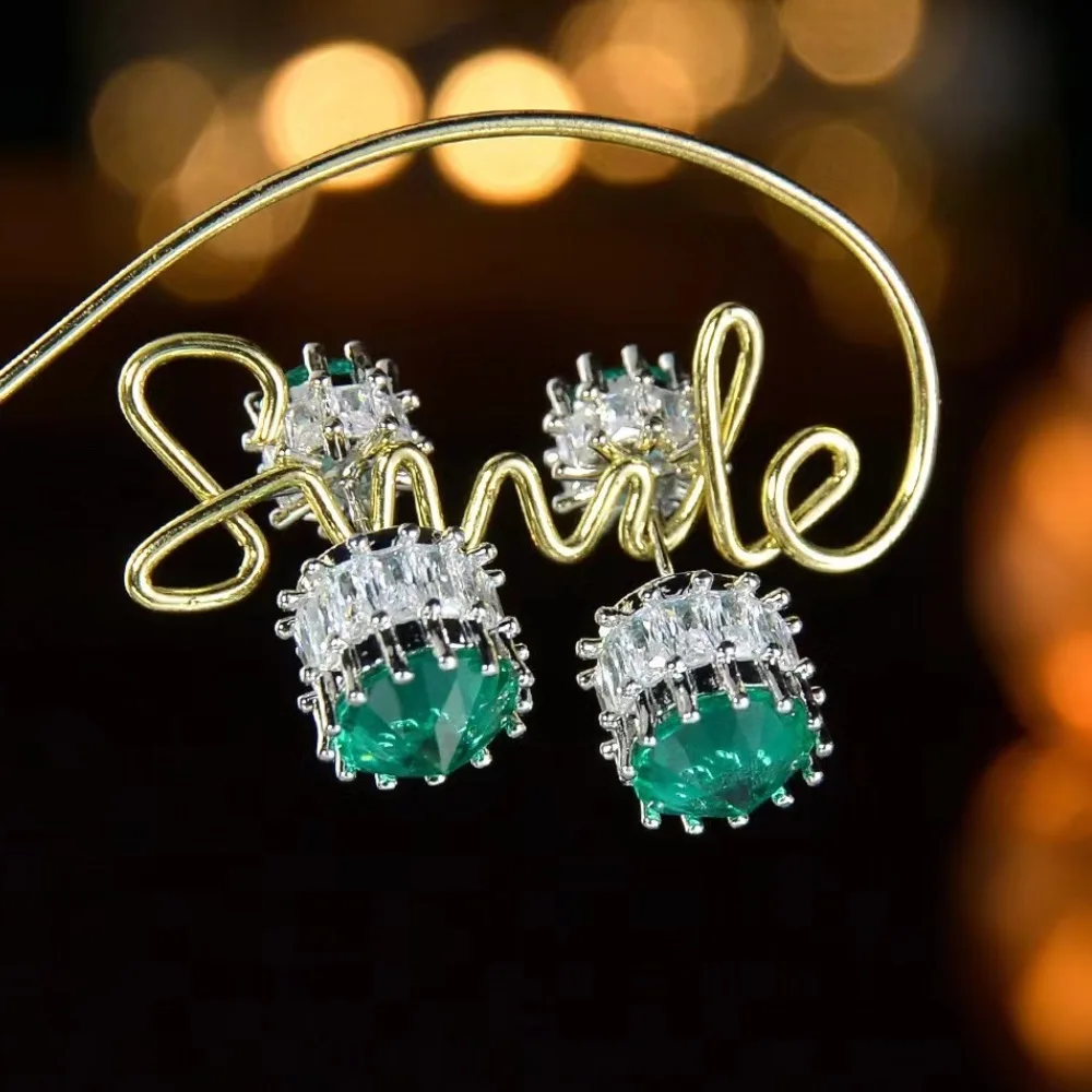 Bullet design earrings. Can be worn both front and back, shiny green zircon earrings, small and cute birthday gift
