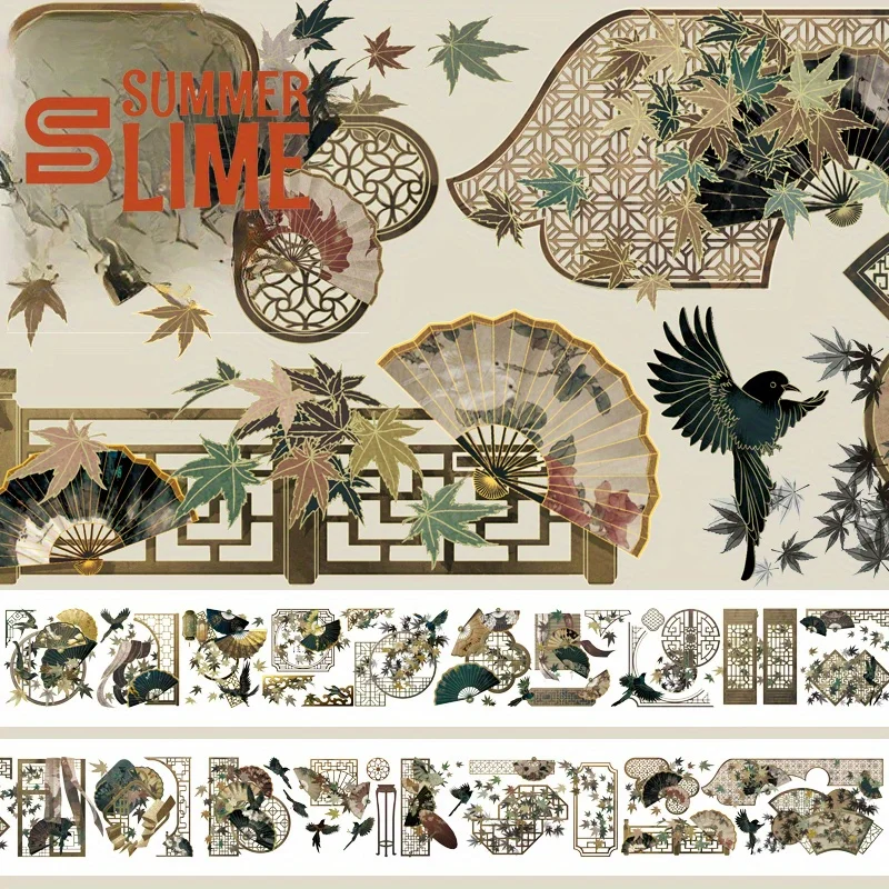 2m Laser Golden Foil Chinese style PET Washi Tape Vintage Fan Transparent Stickers Decor Adhesive Tape For Scrapbooking Journal