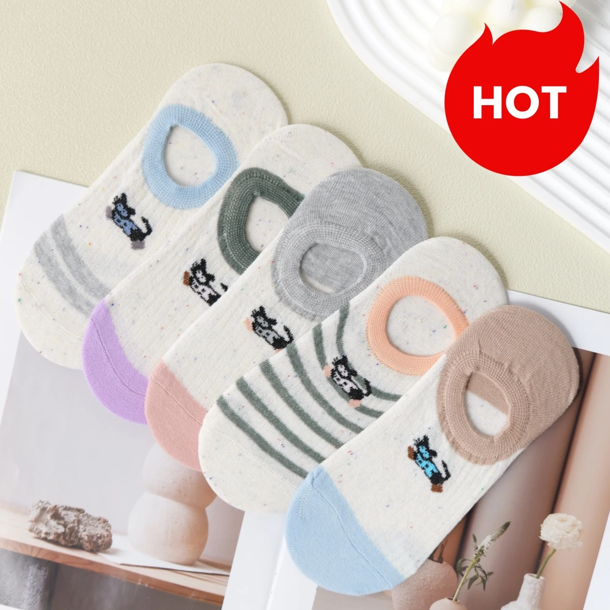 

Women’s No-Show Ankle Socks, Cute Cat Design, Stripes, Purple & Pink Floral Patterns, Comfortable, Breathable,