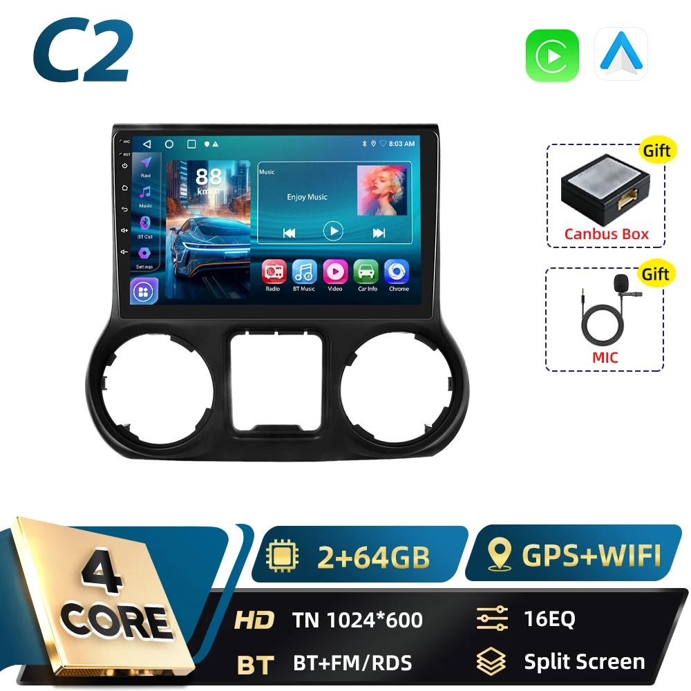 Podofo Qualcomm 8-core 2-DIN Android autoradio voor Jeep Wrangler 2011-2014 met DSP, Android Auto, BT, GPS, FM, WIFI, RDS en Carplay.