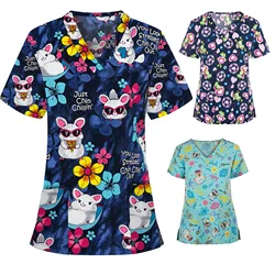 Womens T-Shirts Medical Nursing Uniform Stretch Ombre Print V-Neck Short Sleeve T Shirt Tops With Pocket Women's Clothing