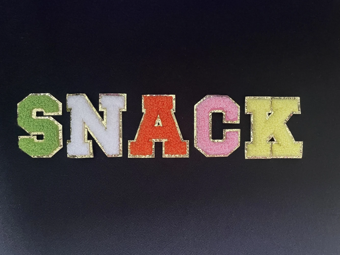 Embroidery Alphabet HAIR SNACK Chenille Self-adhesive Letters Patch Glitter Patches for Cosmetic Bags Handbag ect.