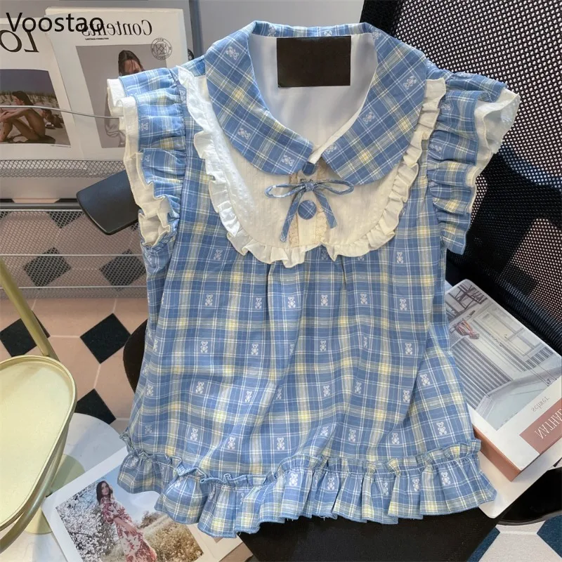 Japanese Vintage Cute Lolita Blouses Women Kawaii Cartoon Bear Plaid Flying Sleeve Shirts Girls Harajuku Y2k Tops Blusas Mujer