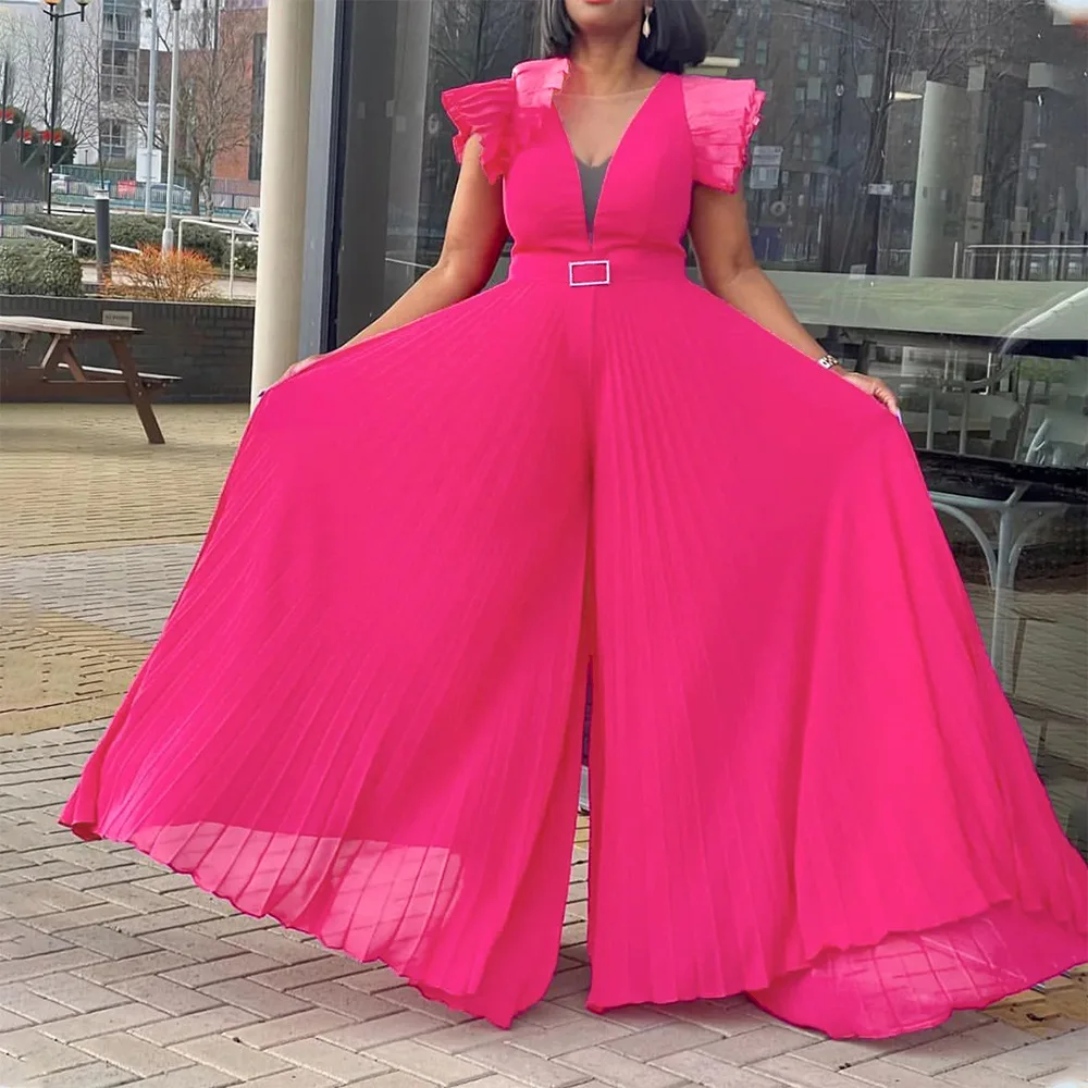

Summer Women Jumpsuit Puff Short Sleeve Deep V Neck High Waist Loose Wide Legs Casual Pants Romper Streetwear
