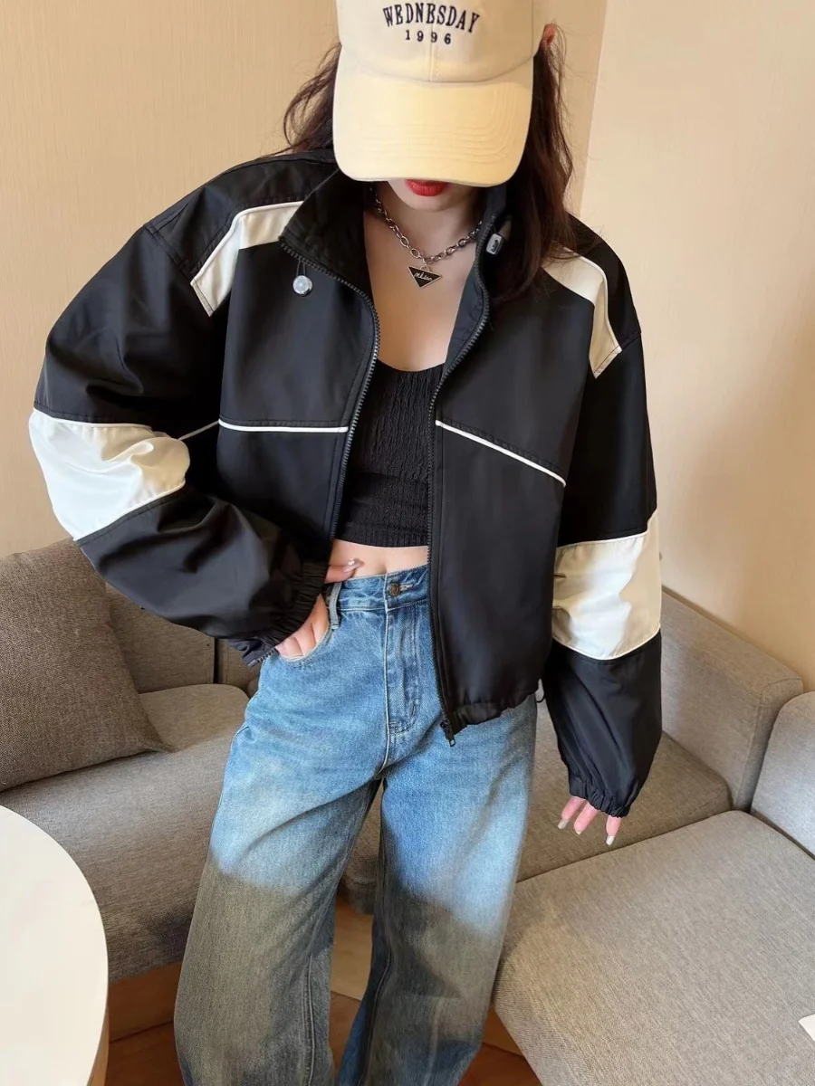 Cool color blocking stand up collar sunscreen jacket for women, 2024 summer new Korean version loose and versatile jacket