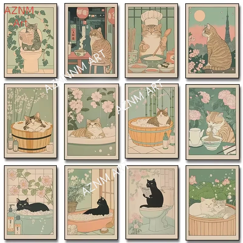 Scottish Cat in A Bathtub Poster Print Black Cat Tabby Cat Eating Ramen Canvas Painting Japanese Wall Art Bathroom Kitchen