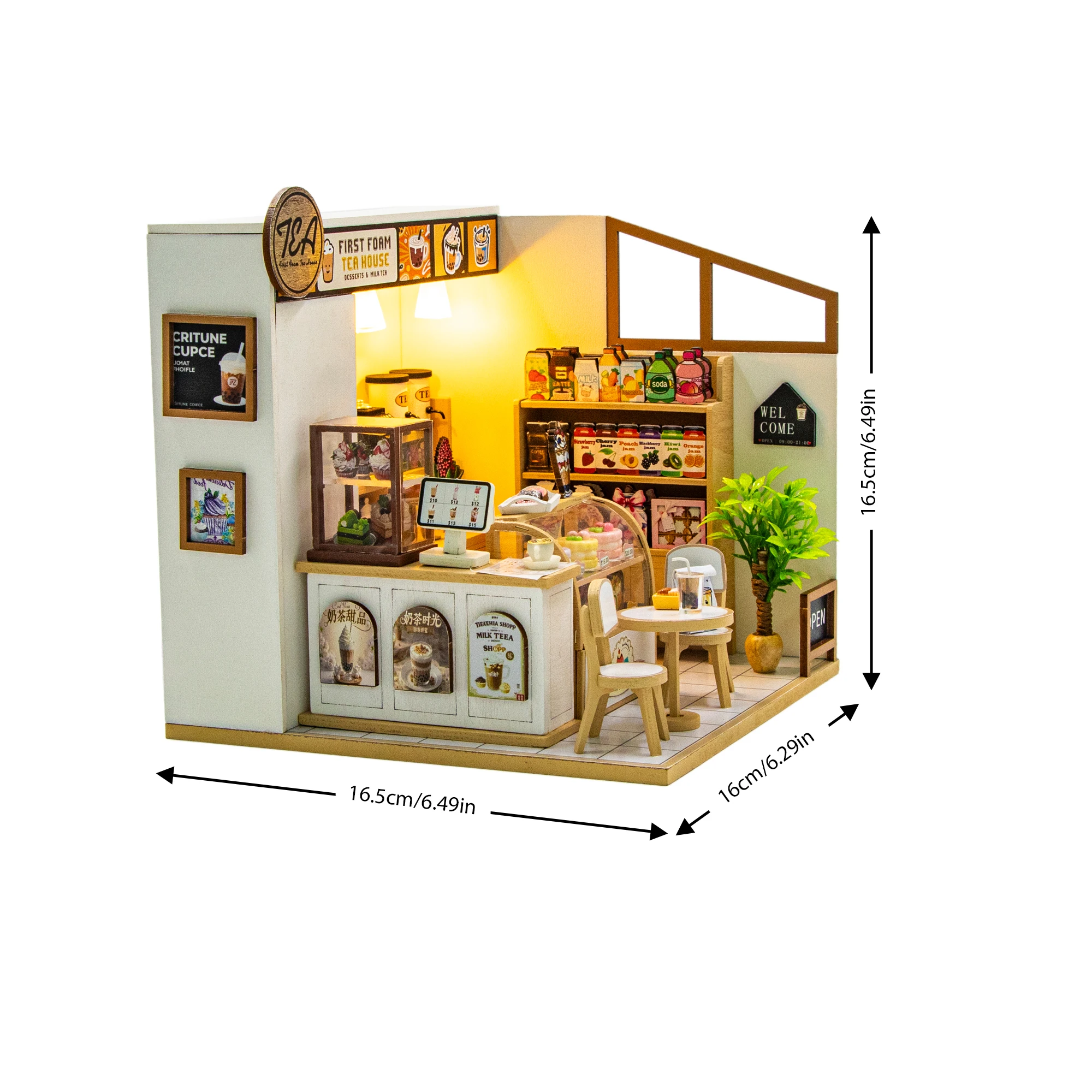 مجموعة نماذج مصغرة لبيت الشاي من الإسفنج الأول الخشبي DIY مع أضواء LED لبيت الدمى مع أثاث لهدايا عيد ميلاد الأصدقاء #6