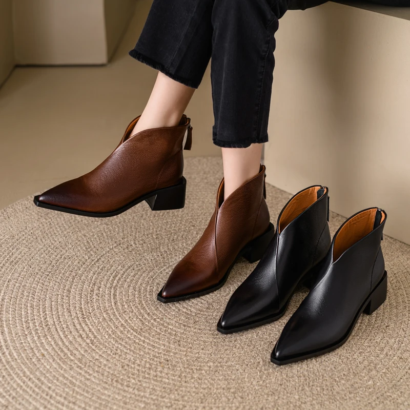 2026 new autumn winter women ankle boots natural leather plus size 22-25cm cowhide pointed toe thick heel back zip short boots
