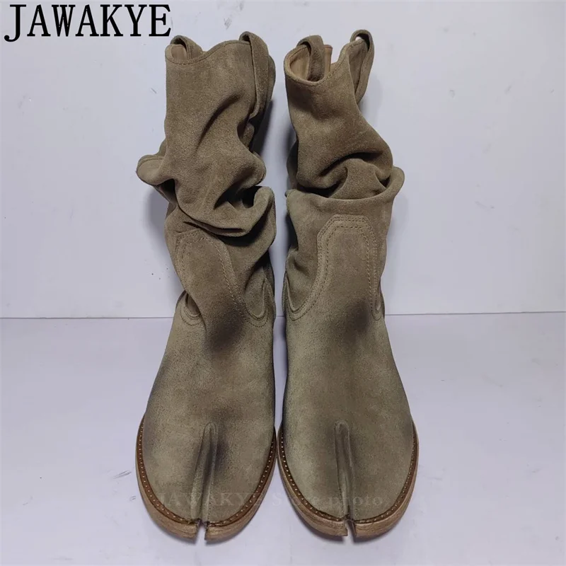 JAWAKYE Classic Split toe Old Cowboy Knight Boots Women Suede Leather Low Heel Short Boots Simple Fashion Chelsea Boots Woman