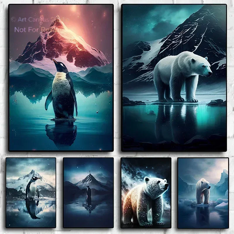 new Polar Bear Asked the Penguin to Pose for Aurora – Ice Mountain Frameless Canvas for Home Wall