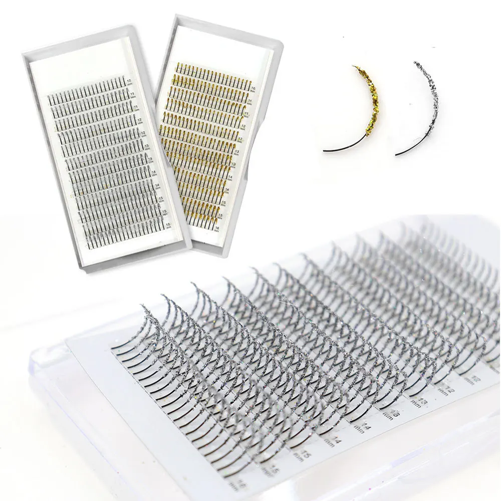 Extensions de Cils Brillantes à la Mode, 12 Bandes, Mélange de Longueur, Individuelles, Dorées et Argentées