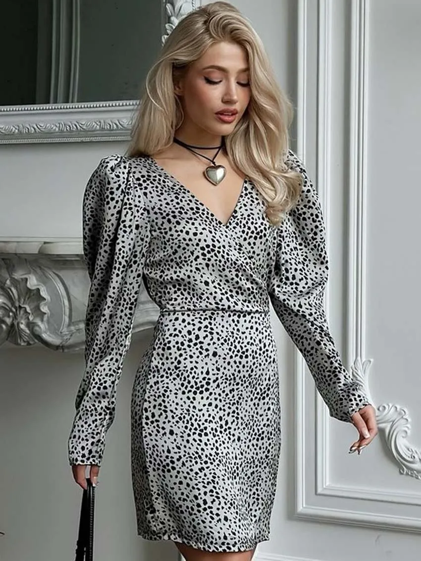 

Oymimi Elegant Grey Print Women's Dress Fashion Satin V-Neck Long Sleeve Dresses Causal High Waist Straight Mini Dresses Female