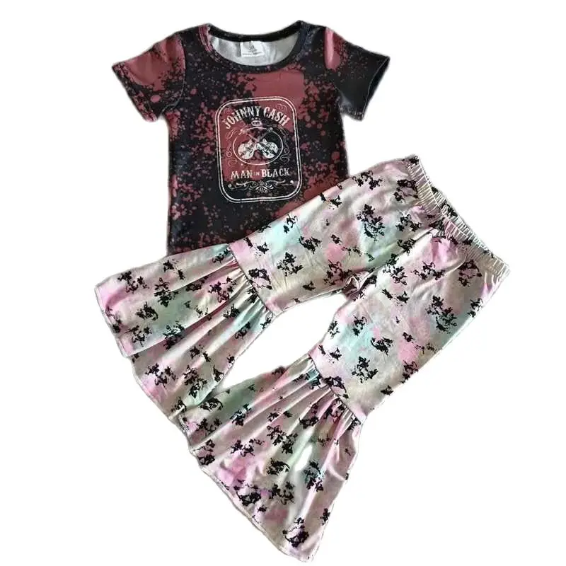 A1-1 Kids Girls Summer Outfit  Sets  Short Sleeves Top Johnny Cash Guitar Print  With Trousers  Children Clothes